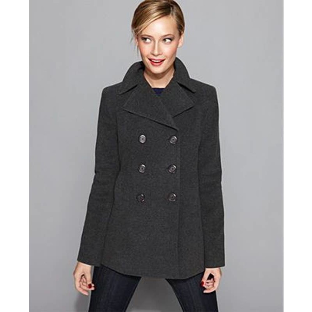 Kenneth Cole Reaction Women's Double Breasted Pea Coat Long Sleeves Charcoal XL